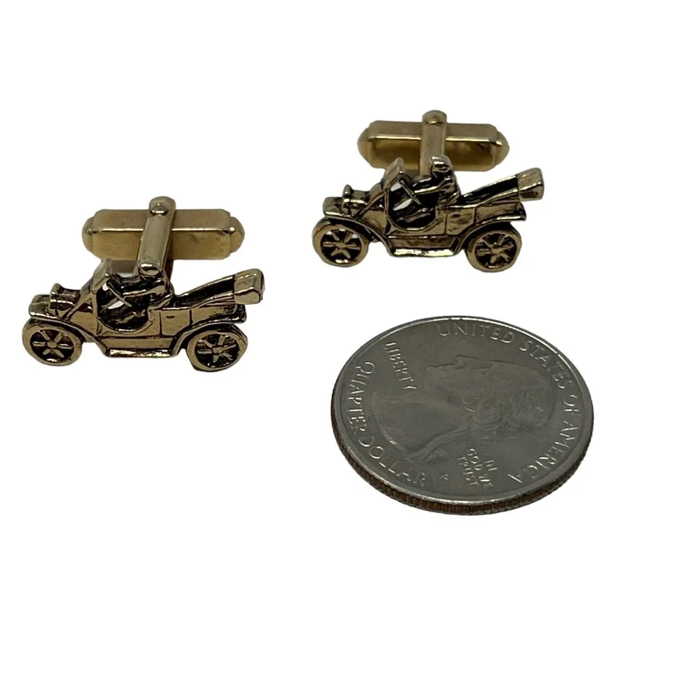Vintage Mens Antique Car Cuff Links Gold‎ Tone